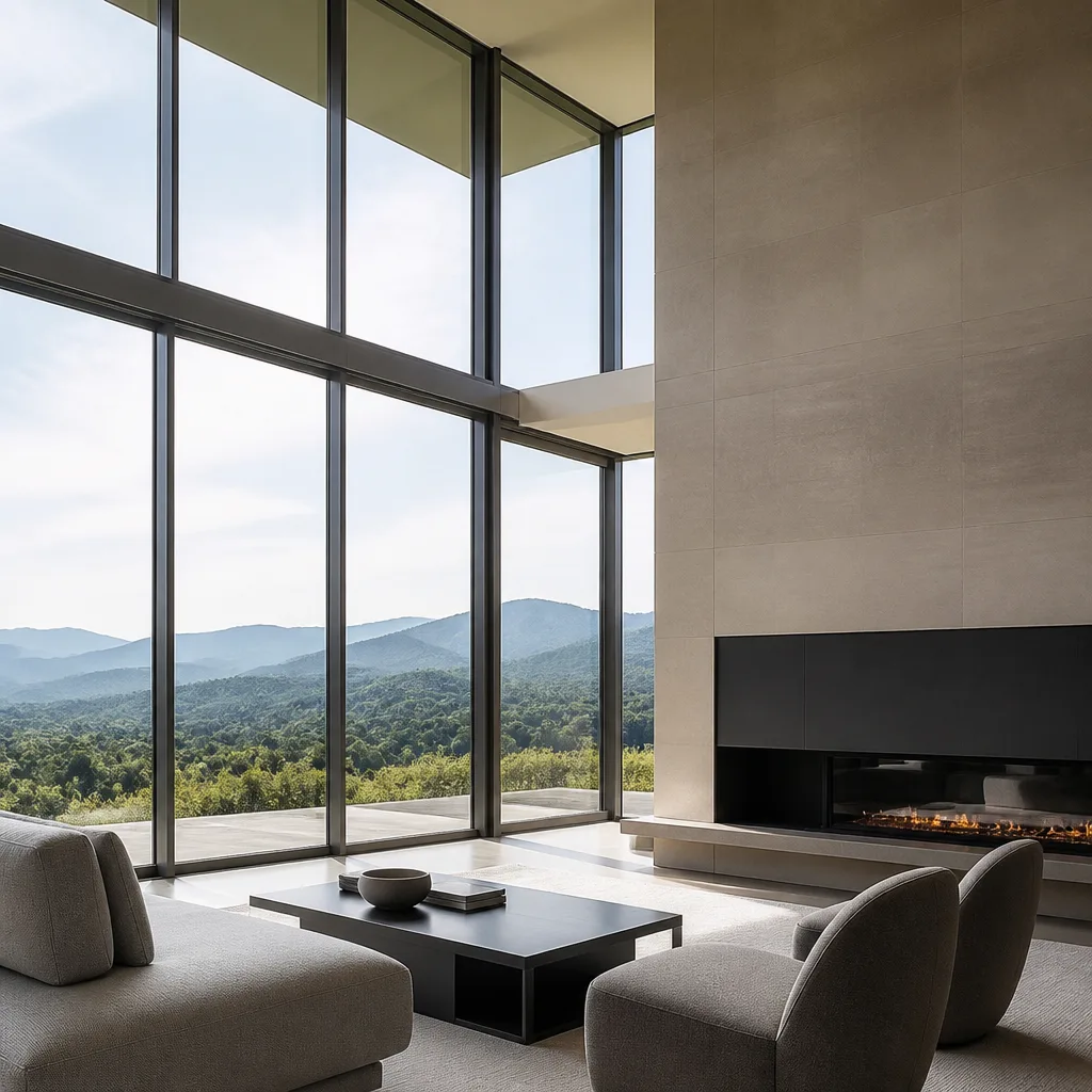 Modern interior room featuring professional large-format window installation and scenic backyard view.