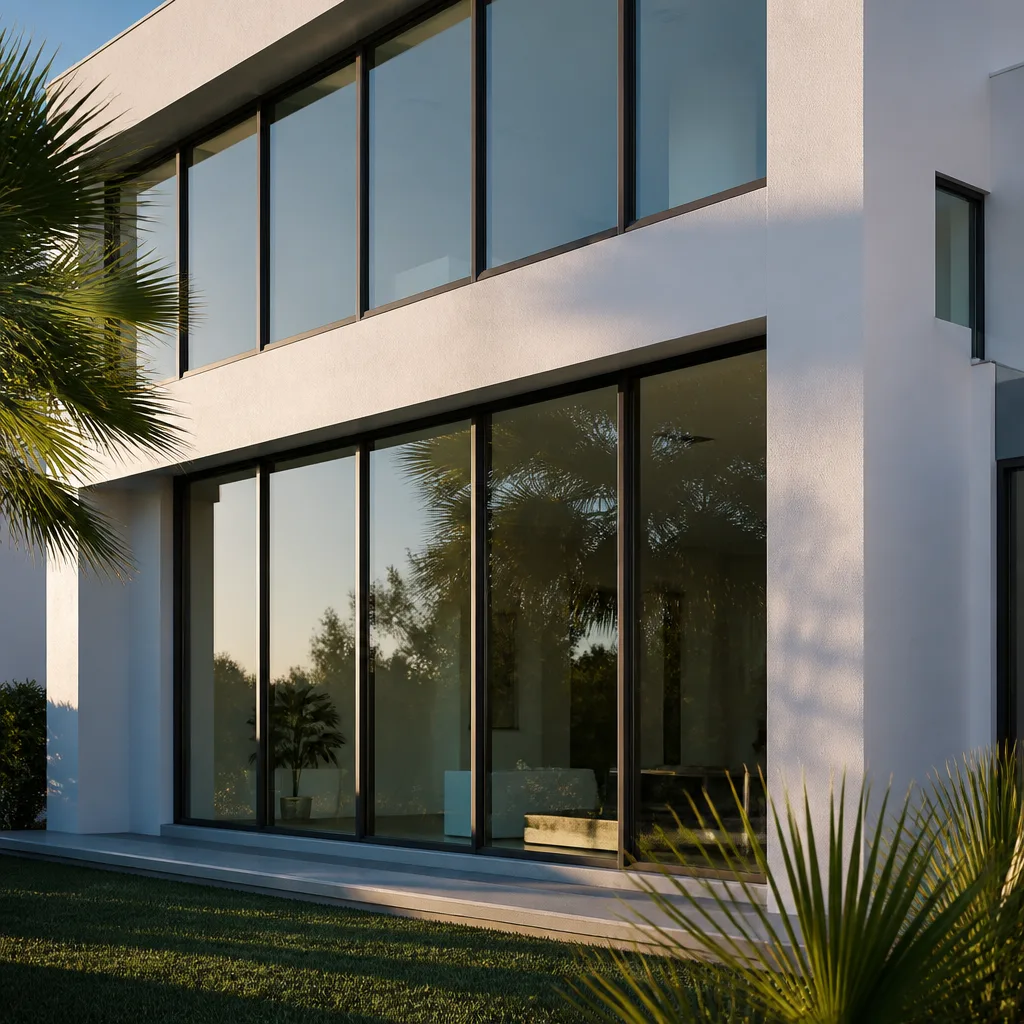 Modern residential home with large glass windows and architectural sliding doors