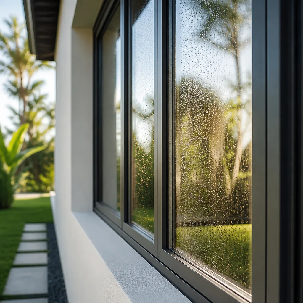 Modern dark-framed residential window installation on a white exterior wall