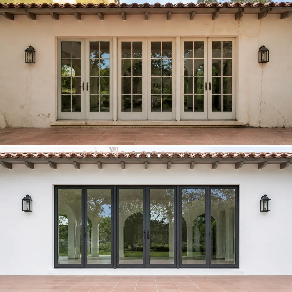 Before and after home exterior view showing modern window replacement installation