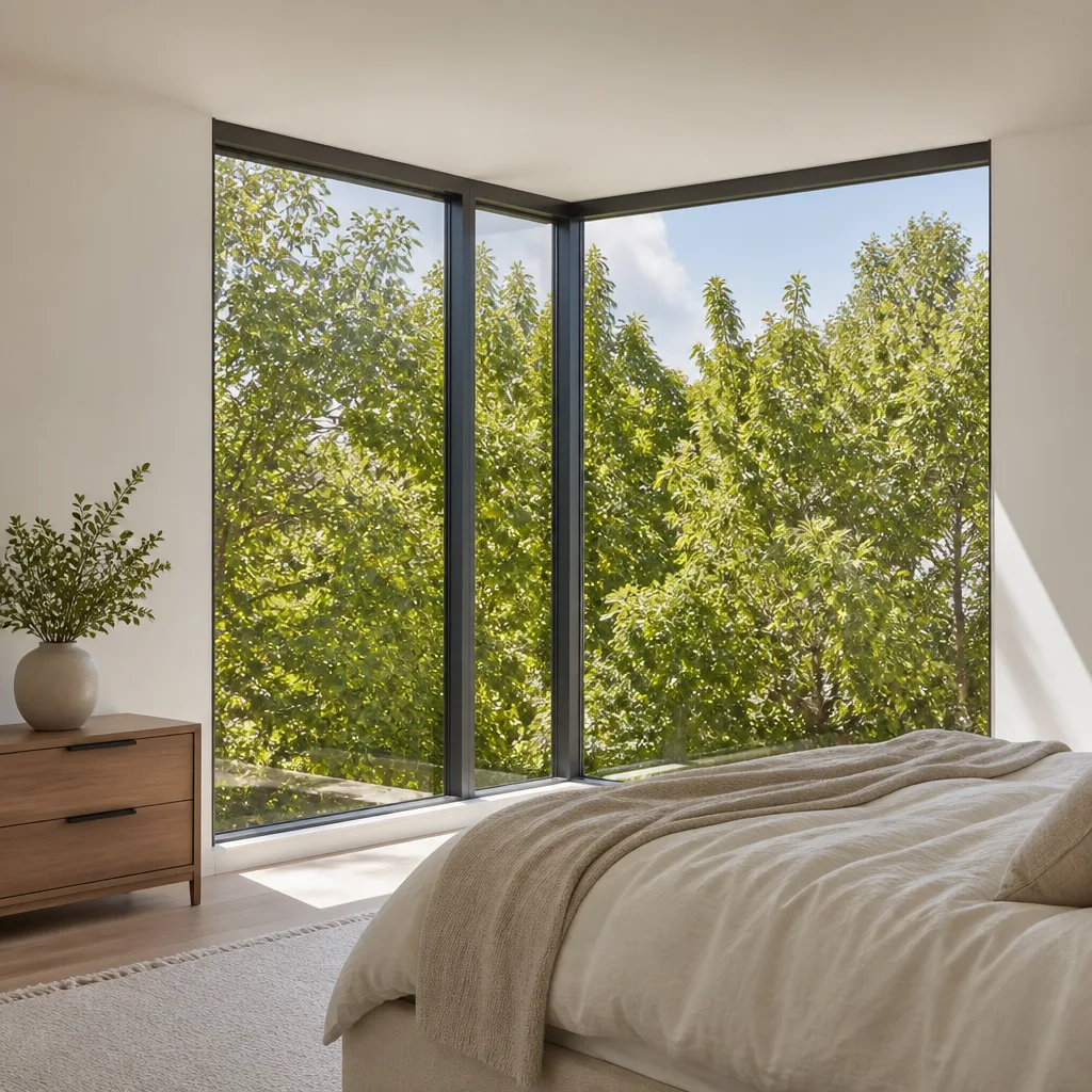 Modern gray window frame installation with new metal sill on beige wall